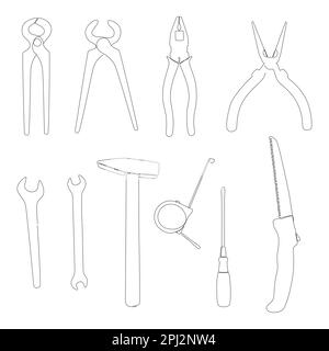 Un set di attrezzature a linea continua. Chiave, pinze, pinze, nastro per righelli, martello. Concetto di vettore di illustrazione a linea sottile. Disegno di contorno idea creativa Illustrazione Vettoriale