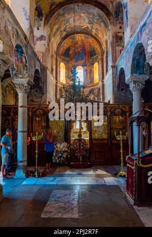 Mystras, Grecia, 7 settembre 2022: Decorato Pantanassa santo convento di Mystras sito archeologico in Grecia. Foto Stock