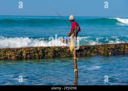 Koggala, Sri Lanka, 22 gennaio 2022: Pescatori tradizionali di palafitte a Koggala, Sri Lanka. Foto Stock