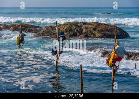 Koggala, Sri Lanka, 22 gennaio 2022: Pescatori tradizionali di palafitte a Koggala, Sri Lanka. Foto Stock