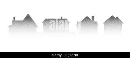 Quartiere case paesaggio stepple panoramico. Edifici che disegnano silhouette con sfumatura punteggiata. Illustrazione vettoriale minimalistica. Illustrazione Vettoriale