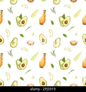 Acquerello senza cuciture di avocado fresco intero, affettato e bottiglia di olio avocado. Illustrazione disegnata a mano isolata su sfondo bianco. Cibo perfetto Foto Stock