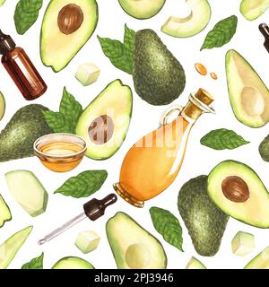 Acquerello senza cuciture di avocado fresco intero, affettato e bottiglia di olio avocado. Illustrazione disegnata a mano isolata su sfondo bianco. Cibo perfetto Foto Stock