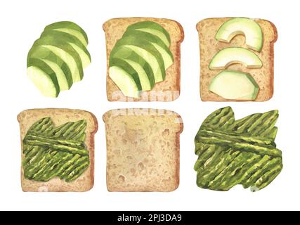 Brindisi all'avocado acquerello su pane panino a grani interi. Vista dall'alto. Illustrazione disegnata a mano isolata su sfondo bianco. Concetto di alimentazione sana Foto Stock