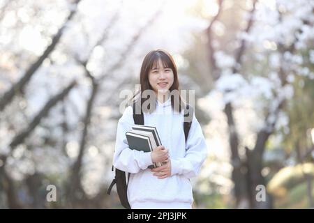 Stagione di ammissione Scuola di Primavera studenti di scuola superiore femmina e studenti universitari sorridendo luminoso con espressioni felici di fronte alla fioritura dei ciliegi tre Foto Stock