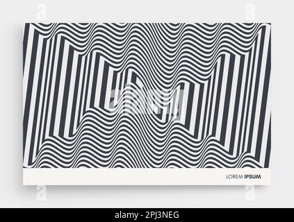 Modello di design della copertina. Illustrazione grafica ottica di quadrati bianchi e neri. Lo sfondo geometrico a strisce. 3d pattern vettoriale per brochure, magazin Illustrazione Vettoriale