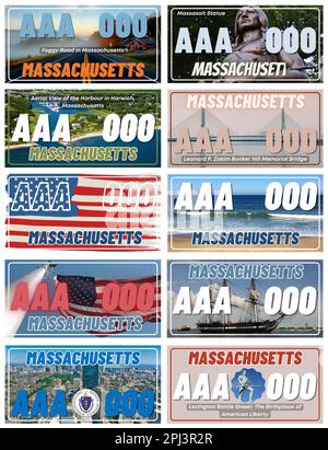 Set completo 10 massa state targa Stati Uniti - Massachusetts 10 Stati Uniti, disegno e regolamento speciale per tutti gli Stati Uniti, numeri di vettura di veicolo Foto Stock