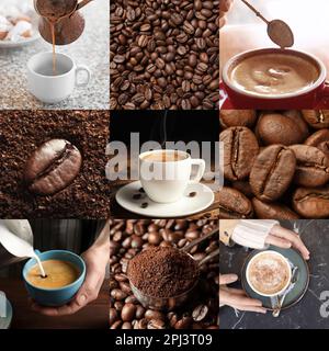 Bel collage con diverse foto di caffè aromatico e chicchi Foto Stock