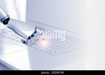 rendering 3d mano intelligente del robot umanoide che tocca il dito sul tasto vuoto sulla moderna tastiera bianca del computer su sfondo bianco con spazio di copia. Apprendimento dell'intelligenza artificiale Foto Stock