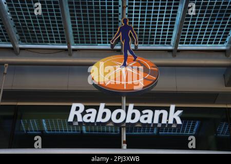 Logo Rabobank nella sede centrale di Utrecht, nei Paesi Bassi Foto Stock