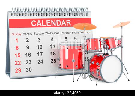 Drum kit con calendario da tavolo, rendering 3D isolato su sfondo bianco Foto Stock