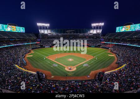 Oakland, California, 30 marzo 2023. Shohei Ohtani di Los Angeles Angels (17) si lancia contro gli Oakland Athletics nella terza edizione di una partita di baseball del giorno di apertura a Oakland, California, giovedì 30 marzo 2023. Foto Stock