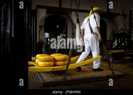 ALKMAAR - Paesi Bassi, 31/03/2023, il formaggio viene pesato durante l'apertura del primo mercato del formaggio della stagione presso il Waagplein. ANP KOEN VAN WEEL netherlands out - belgium out Foto Stock