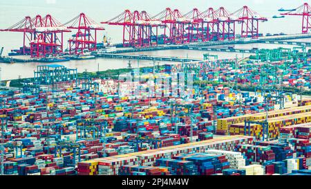 SHANGHAI, CINA - 31 MARZO 2023 - la fotografia aerea mostra le operazioni di movimentazione container al porto di Waigaoqiao a Shanghai, Cina orientale, 31 marzo 2023. Da Foto Stock