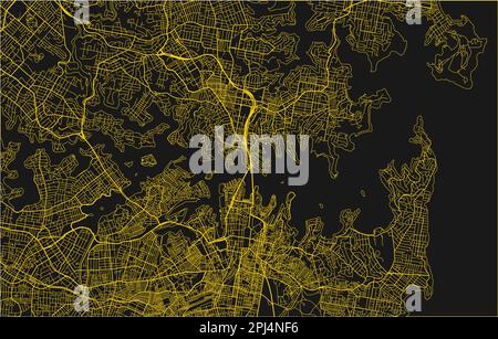 Mappa vettoriale nera e gialla della città di Sydney con strati separati ben organizzati. Illustrazione Vettoriale