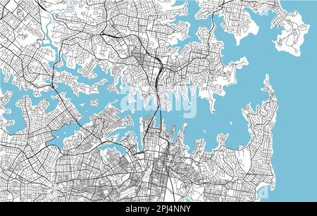 Mappa vettoriale in bianco e nero della città di Sydney con strati separati ben organizzati. Illustrazione Vettoriale