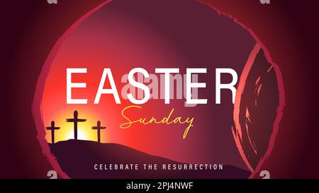 Domenica di Pasqua mattina, è risorto, tomba e Calvario. Celebrate la risurrezione, invito al servizio di culto pasquale o banner. Carta vettoriale Illustrazione Vettoriale