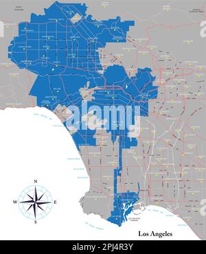 Mappa vettoriale estremamente dettagliata di Los Angeles con tutti i quartieri, l'area metropolitana e le strade principali. Illustrazione Vettoriale