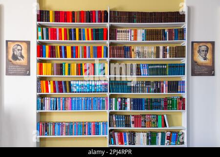 Krasnodar, Russia - 25 febbraio 2023: Una parete con mensole con libri e ritratti di scrittori Tyutchev e Krylov in biblioteca Foto Stock