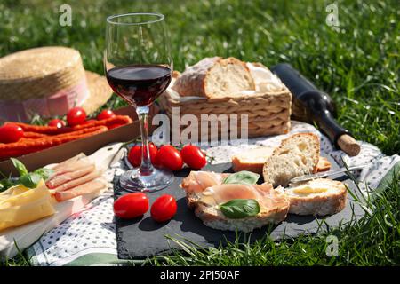 Coperta con vino e spuntini per picnic su erba verde Foto Stock