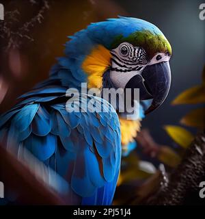 Il pappagallo di Macao si trova su un ramo, Macaw, in una foresta tropicale. Fauna selvatica scena natura. Concetto di fauna selvatica Foto Stock