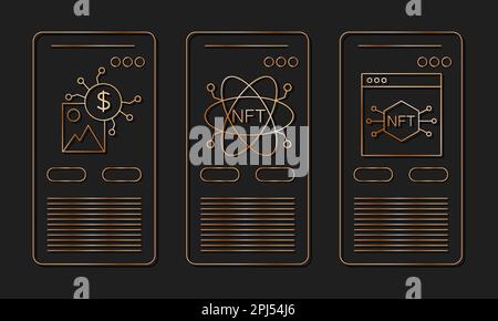Scheda icona vettore NFT. Gettone non fungibile. Oro su sfondo nero. eps vettore 10 Illustrazione Vettoriale