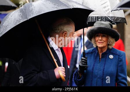 Re Carlo III e la Regina Consort arrivano a laici corone commemorative simboleggiano la riconciliazione e l'amicizia tedesco-britannica durante una visita a San Nikolai Memorial Church, Amburgo, l'ultimo giorno della loro visita di Stato in Germania. La chiesa fu distrutta nel luglio 1943 durante l'operazione di missione della seconda guerra mondiale Gomorrah, quando le forze alleate condussero incursioni di bombardamento sulla città di Amburgo. Data immagine: Venerdì 31 marzo 2023. Foto Stock