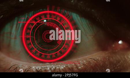 Primo piano di un occhio maschile con effetti visivi. Il concetto di sensore impiantato nell'occhio umano. Business, computer, cyberspazio. Foto Stock