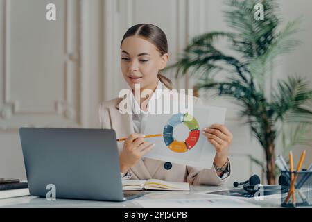 Ritratto di giovane bussiness caucasico parlante donna o economista su presentazione, con i capelli legati in coda di cavallo in tuta formale beige chiaro che mostra i dati d Foto Stock