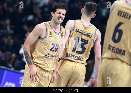Belgrado, Serbia, 28 marzo 2023. Nicolas Laprovittola del FC Barcelona reagisce durante la partita Eurolega della Turkish Airlines del 2022/2023 tra Partizan Mozzart Bet Belgrade e il FC Barcelona alla Stark Arena di Belgrado, in Serbia. Marzo 28, 2023. Credito: Nikola Krstic/Alamy Foto Stock