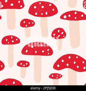 Acquerello disegno a mano senza cuciture modello illustrazione di funghi amanita muscaria con tappi rossi in bosco legno. Bambini divertente cartoni animati stile carta da parati tessile Foto Stock