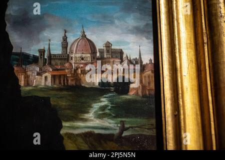 Particolare della Firenze rinascimentale sullo sfondo del Ritratto di Alessandro de' Medici di Giorgio Vasari, agli Uffizi, Firenze Foto Stock