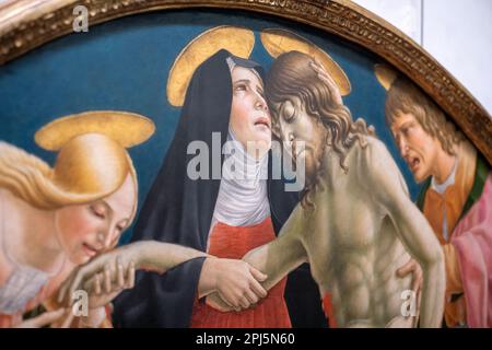 Dettagli della "Lamentazione sul corpo di Cristo" (1491) del pittore rinascimentale italiano Lorenzo d'Alessandro, noto anche come Sanseverino, Pietà Foto Stock