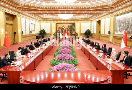 Pechino, Cina. 31st Mar, 2023. Il presidente cinese Xi Jinping incontra il primo ministro singaporiano Lee Hsien Loong a Pechino, capitale della Cina, il 31 marzo 2023. Credit: Ding Haitao/Xinhua/Alamy Live News Foto Stock