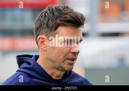 James Anderson del Lancashire al Lancashire Cricket Media Day a Old Trafford, Manchester, Regno Unito, 31st marzo 2023 (Photo by Conor Molloy/News Images) Foto Stock