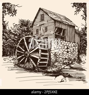 Mulino ad acqua in legno. Illustrazione Vettoriale