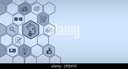 Grafica per l'uso dell'intelligenza artificiale - intelligenza artificiale - con spazio per il testo. Icone luminose in formato vettoriale in una rete di nido d'ape in blu. Illustrazione Vettoriale