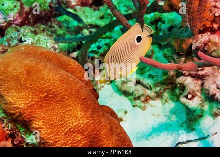 Pittura di acquerello creata digitalmente di Fureye pesce farfalla Chaetodon capistratus che si nutrono sulla barriera corallina Foto Stock