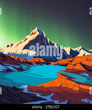 Illustrazione vettoriale di un bellissimo paesaggio montano con l'aurora boreale e un lago in montagna Illustrazione Vettoriale