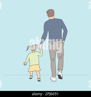 Padre che cammina con un bambino mano in mano. Papà e figlia. Tema della Festa del Padre. Grafica vettoriale Illustrazione Vettoriale