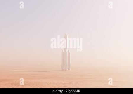 Razzo sulla superficie del deserto marziano, nebbia nell'atmosfera. rendering 3d Foto Stock