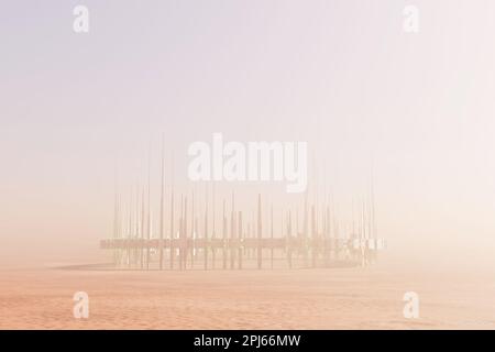 Stazione spaziale sulla superficie del deserto marziano, nebbia nell'atmosfera. rendering 3d Foto Stock