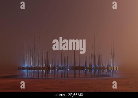 Stazione spaziale sulla superficie del deserto marziano, nebbia nell'atmosfera. rendering 3d Foto Stock