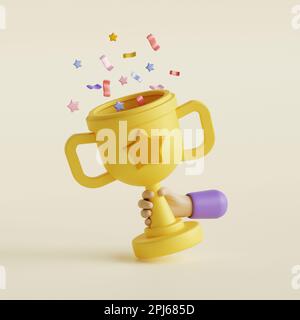 Cartoon mano tenere Golden vincitore Cup, trofeo. illustrazione di rendering 3d. Foto Stock