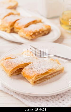 Strudel di mele fatto in casa (apfelstrudel) su piatto bianco. Torta di pasticceria popolare in Europa Foto Stock