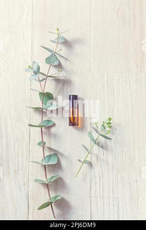 Cosmetici naturali fatti a mano - bottiglia con bastoncino di olio essenziale con ramo di eucalipto Foto Stock