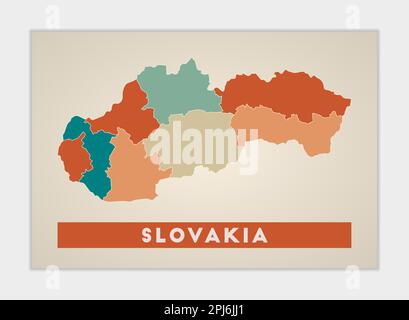 Poster della Slovacchia. Mappa del paese con regioni colorate. Forma della Slovacchia con nome del paese. Illustrazione vettoriale di tendenza. Illustrazione Vettoriale