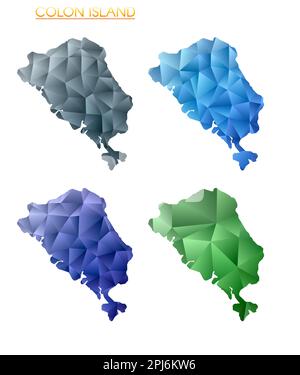 Serie di mappe poligonali vettoriali di Colon Island. Mappa dei bordi con sfumatura luminosa in stile poly basso. Illustrazione Vettoriale