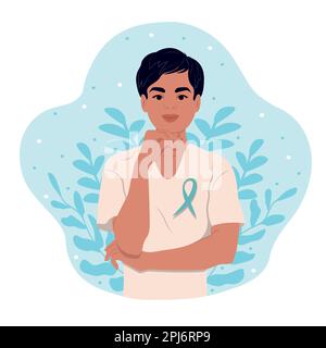 Mese di consapevolezza del cancro ovarico nastro di consapevolezza del cancro ovarico. Una donna e un simbolo di salute. Illustrazione piatta vettoriale. Illustrazione Vettoriale