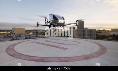 Un veicolo aereo autonomo senza conducente vola attraverso la città, 3D rendering Foto Stock